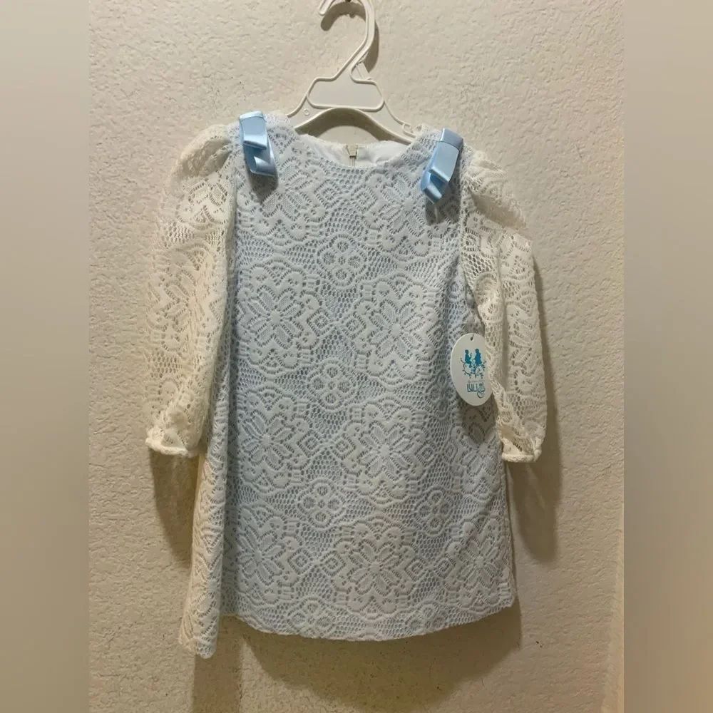 New Luli and Me Blue White DAINTY LACE DRESS -  Satin Ribbons